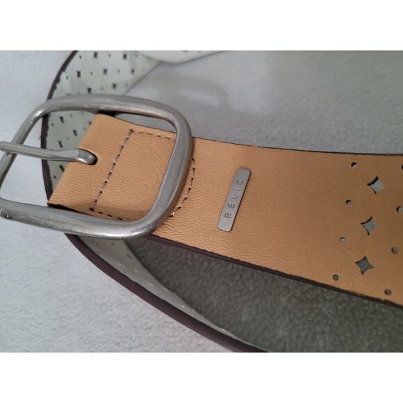 Relic Leather Reversible BELT Tan White Laser Cut Diamond Cut out Y2K40" - Picture 3 of 5